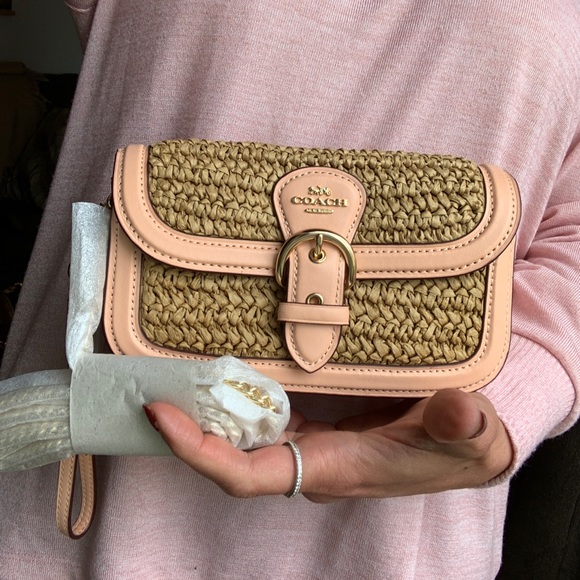 RARE🔥Authentic COACH Leather/suede/Straw flap logo Crosby/shoulder/wristlet bag - Picture 4 of 16